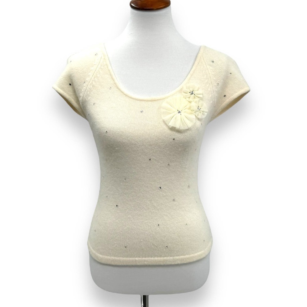 Women's Cream Short-Sleeve Embellished Scoop Neck Top